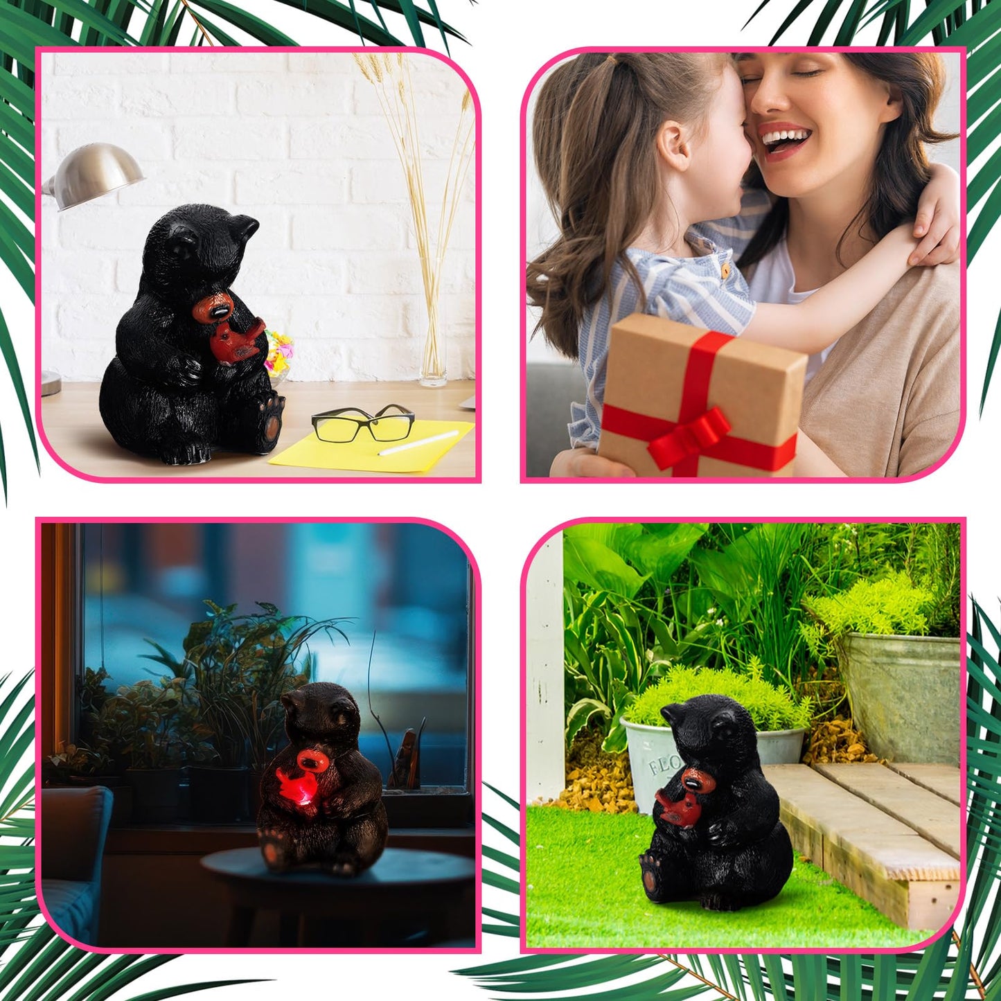 Geelin Solar Black Bear Statue Decoration Garden Bear and Cardinal Figurine Christmas Lighted Outdoor Yard Garden Patio Lawn Decor Unique Birthday Housewarming Gifts for Mom Women 5.5 Inch