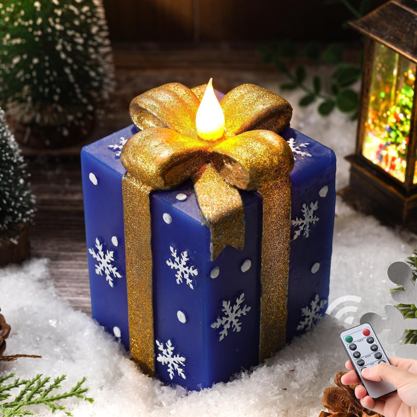 LCZLUMIPRO Christmas Flameless Gift Box Candle Hand-Painted Real Wax LED Candle with Remote Timer Battery Operated Blue Gold Decor for Xmas Tree Skirt Ornament Table Outdoor Indoor Holiday