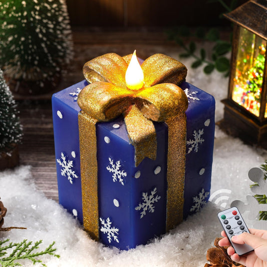 LCZLUMIPRO Christmas Flameless Gift Box Candle Hand-Painted Real Wax LED Candle with Remote Timer Battery Operated Blue Gold Decor for Xmas Tree Skirt Ornament Table Outdoor Indoor Holiday
