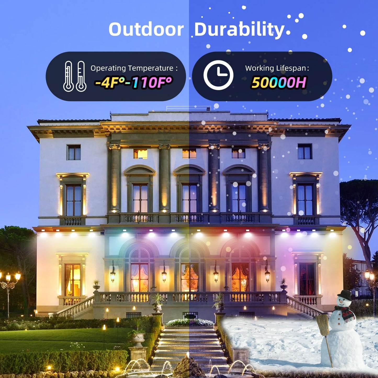 Permanent Outdoor Lights, 50ft Smart RGB Outdoor Light, 36 LED Eaves Lights with 54 Scene Mode, IP67 Waterproof for Halloween, Christmas, New Year, Holidays, Daily Lighting, APP Voice Remote Control