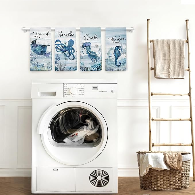 Nautical Hand Towels, Coastal Beach Bathroom Decor, Manta Ray Octopus Jellyfish