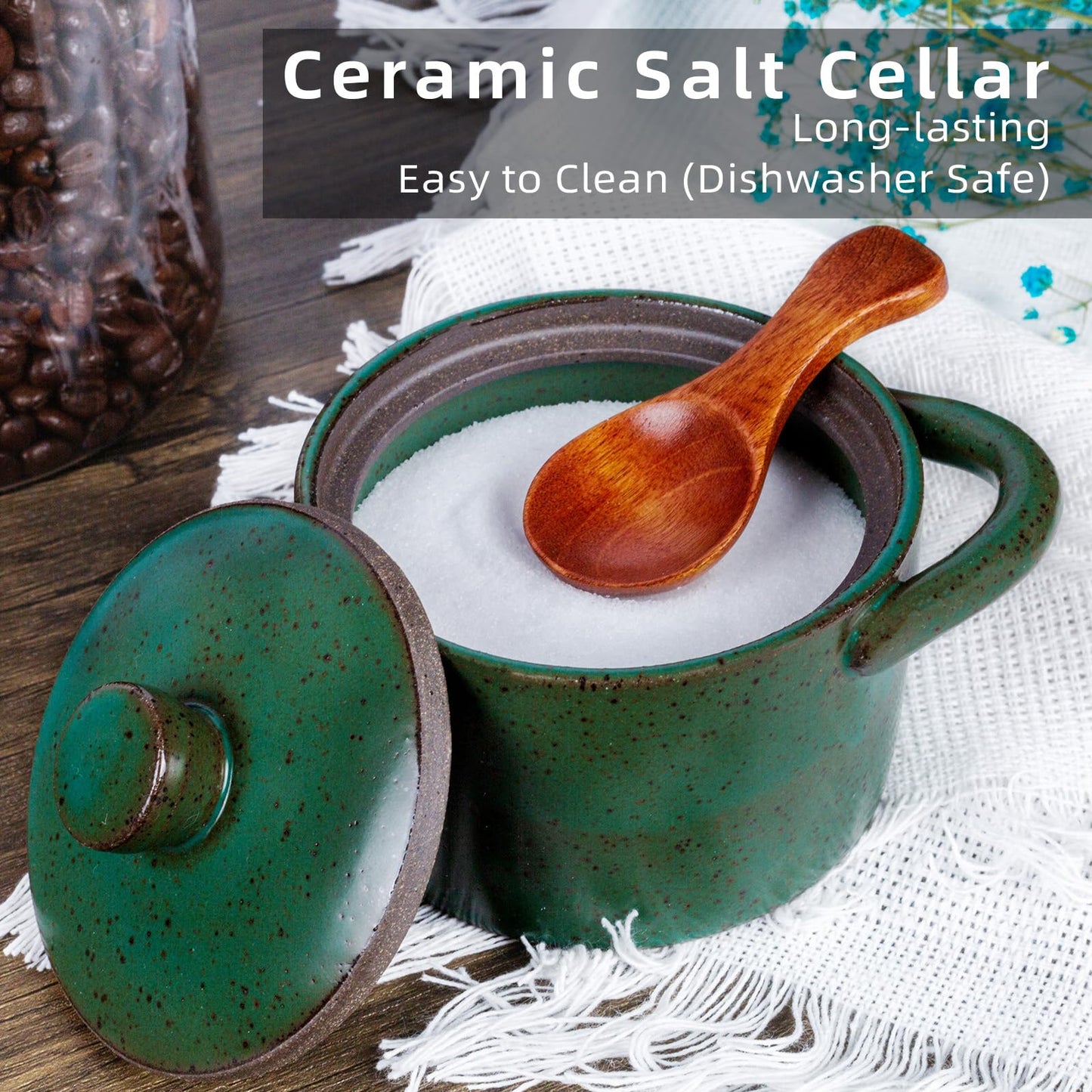 Sanbege Speckled Ceramic Salt Cellar with Lid and Wooden Spoon, Rustic Spice Jar, Farmhouse Sugar Bowl for Sea Salt, Sugar, Spice and Kitchen Decor (Green)