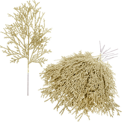 Winlyn 15 Pcs Christmas Artificial Cedar Sprays Champagne Glittered Faux Cedar Branches Stems Christmas Tree Ornament Picks 14.4" for Christmas Tree Wreath Wedding Bouquet Holiday Centerpiece