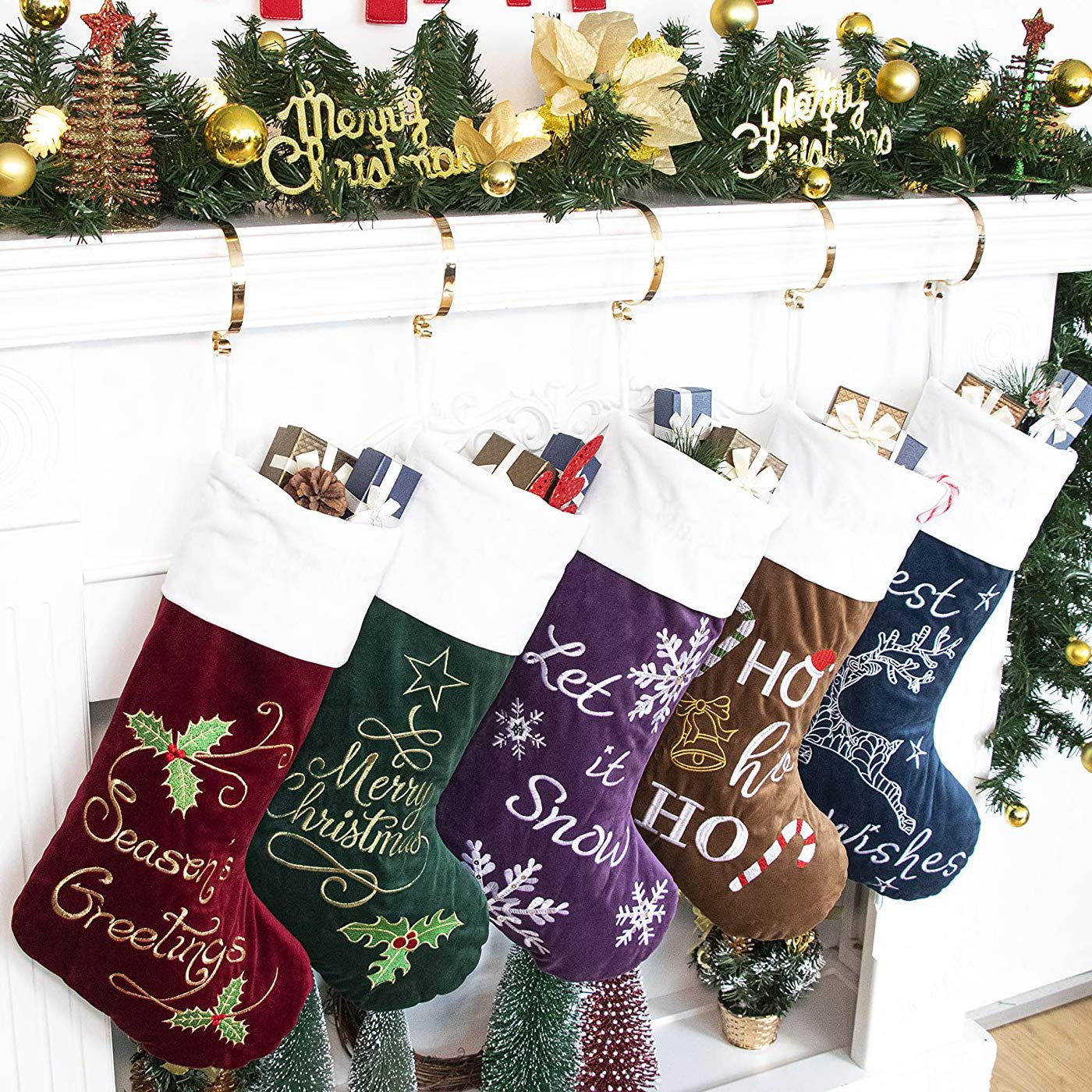GEX Christmas Stockings 5 Pack for Family 22" Large Embroidered Classic Luxury Velvet Red Green Purple Blue Brown Decorations for Fireplace Xmas Season (Set of 5)