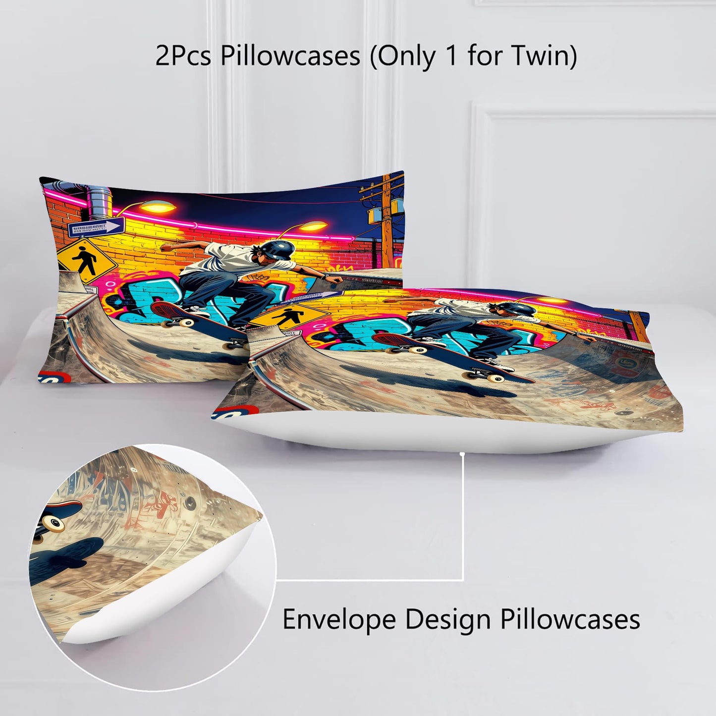 VTKON Skateboard Comforter Set for Teens Full 3Pcs with 1 Comforter and 2 Pillowcases Cool Graffiti Bedding Set Boys Sports Themed Bed Sets Microfiber for All Season