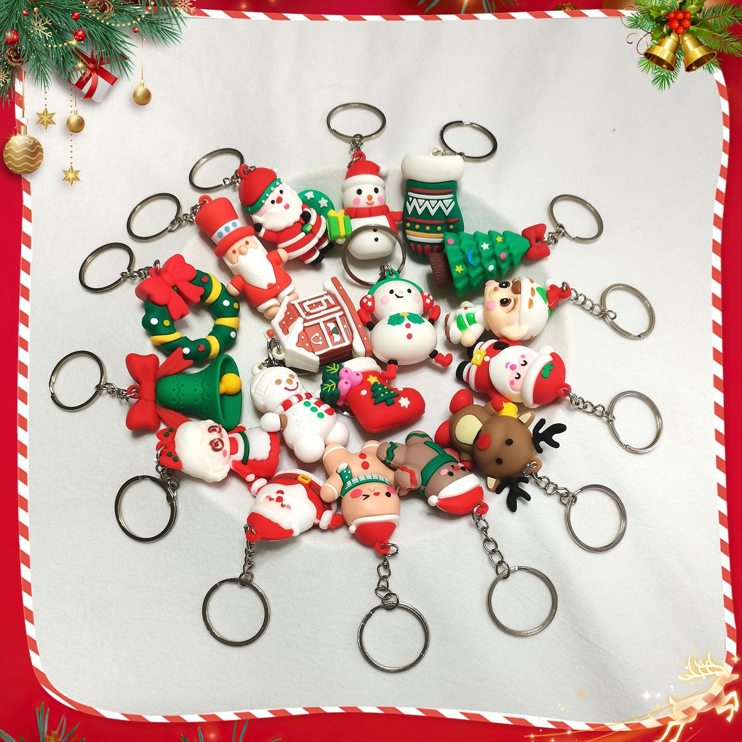 Becfupo 20 Pcs Christmas Rubber Keychains Bulk, 3D Santa Claus Snowman Xmas Tree Reindeer Hanging Ornaments With Keyrings For Christmas Tree Decoration, Xmas Party Craft Supplies