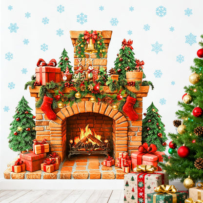 Large Fireplace Wall Stickers Removable Christmas Wall Decals Peel and Stick Fireplace Mural Sticker Winter Tree Snowflake Holiday Decorations for Walls Xmas Fire Flame Decal Party Decor