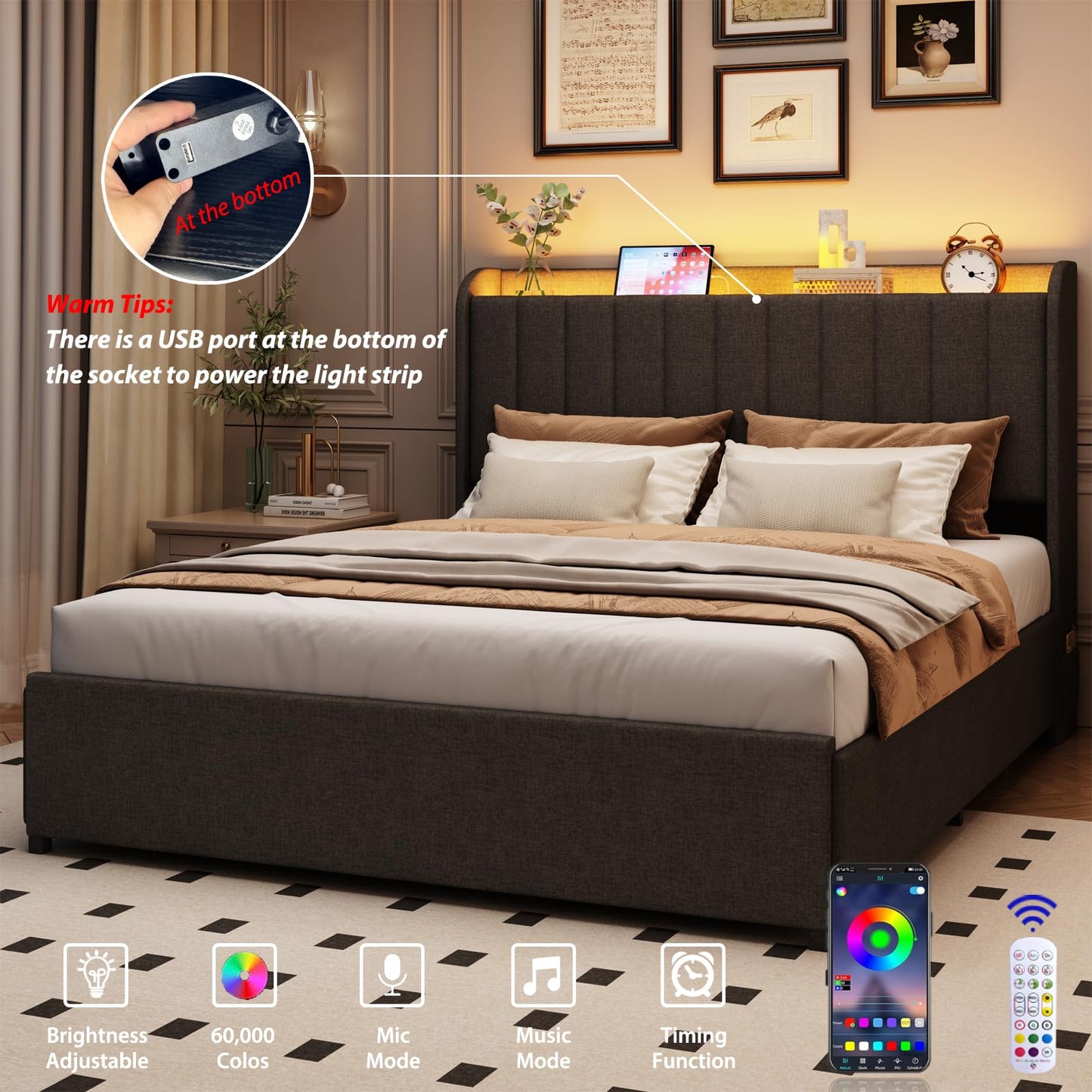 Full Bed Frame with 4 Drawers and Storage Headboard, Upholstered Platform Bed Frame Full Size with Led Lights and Handy Charging Station, No Box Spring Needed, Easy Assembly, Noise Free, Gray