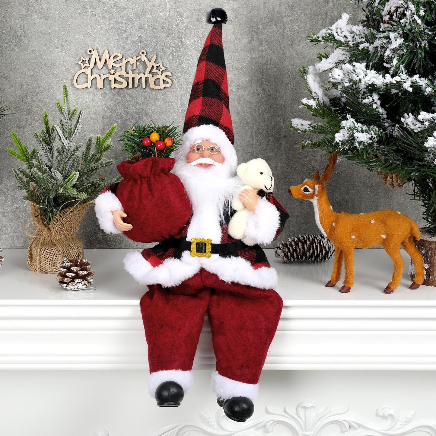 AnyDesign Christmas Sitting Santa Hand Crafted Cute Chic Santa Claus Figurines Doll with Gift Bag and Little Bear Christmas Decoration for Home Office Table Xmas Party Ornament Gift (12 Inch)
