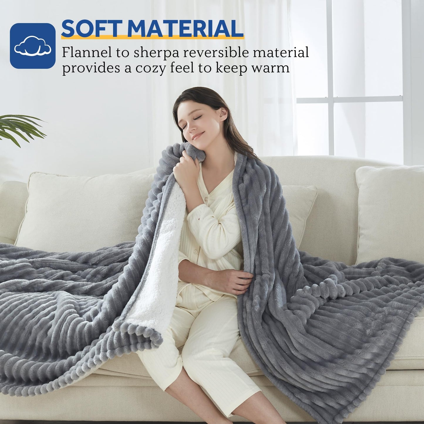 SEALY Electric Blanket Full Size, Soft Ribbed Flannel to Sherpa Reversible Heated Blanket with 10 Heat Settings & 1-12 Hours Auto-Off Overheat Protection, Machine Washable, 72"x84" Beige