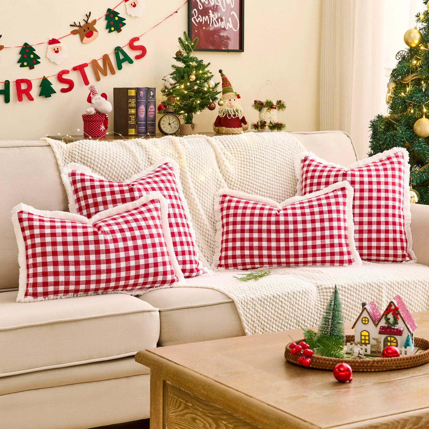 12x20 Red and White Christmas Plaid Gingham Lumbar Pillow Covers Set of 2