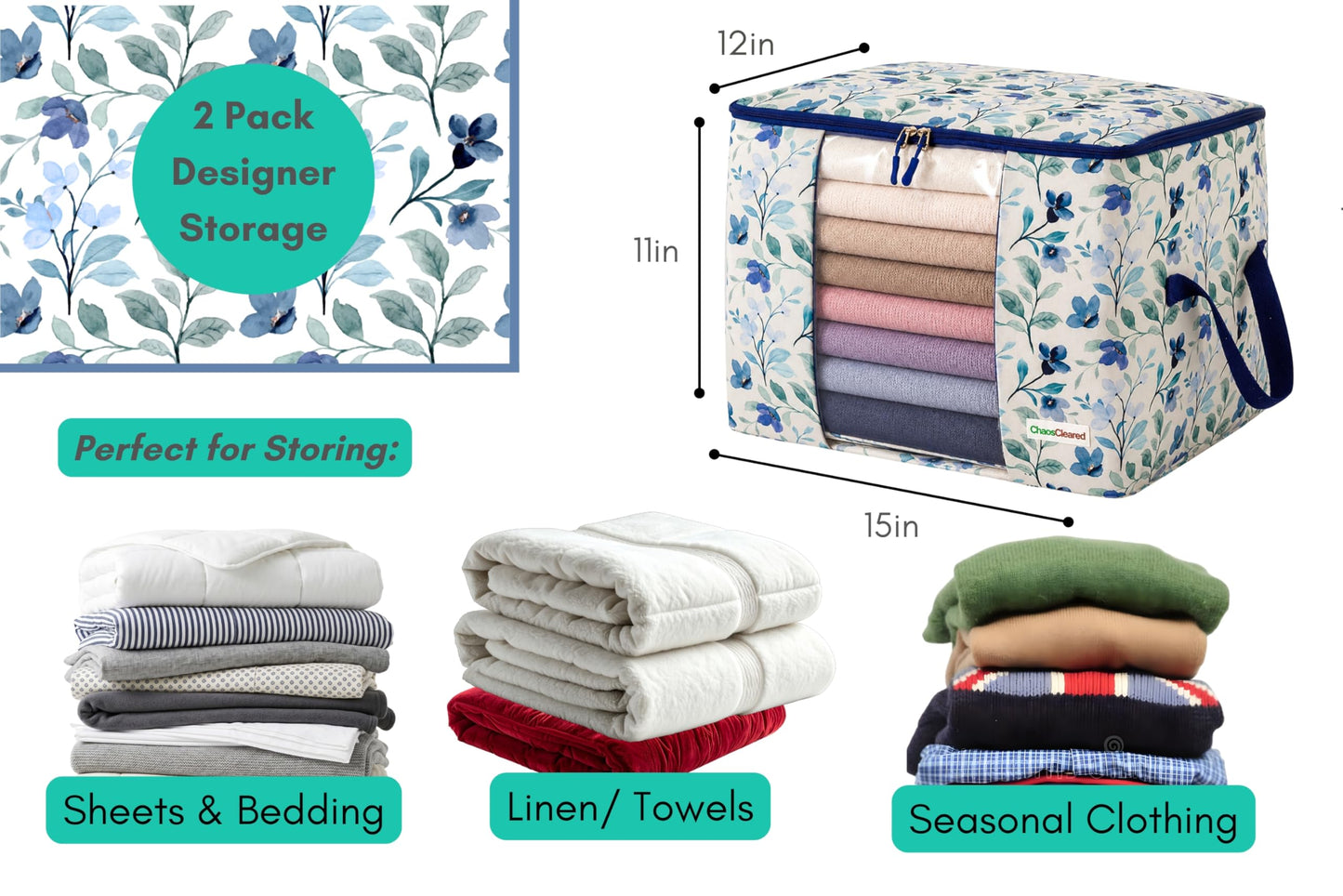 Chaos Cleared Canvas Storage Bags Designer Organizer 2 Pack – Seasonal Storage for Sweaters, Blankets, Linens & Garments – Foldable Design with Zip & Window (Blue Floral Print)