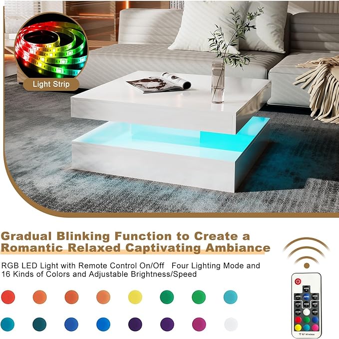 HedoAjim LED Coffee Table for Living Room, Living Room Table 2-Tier Square