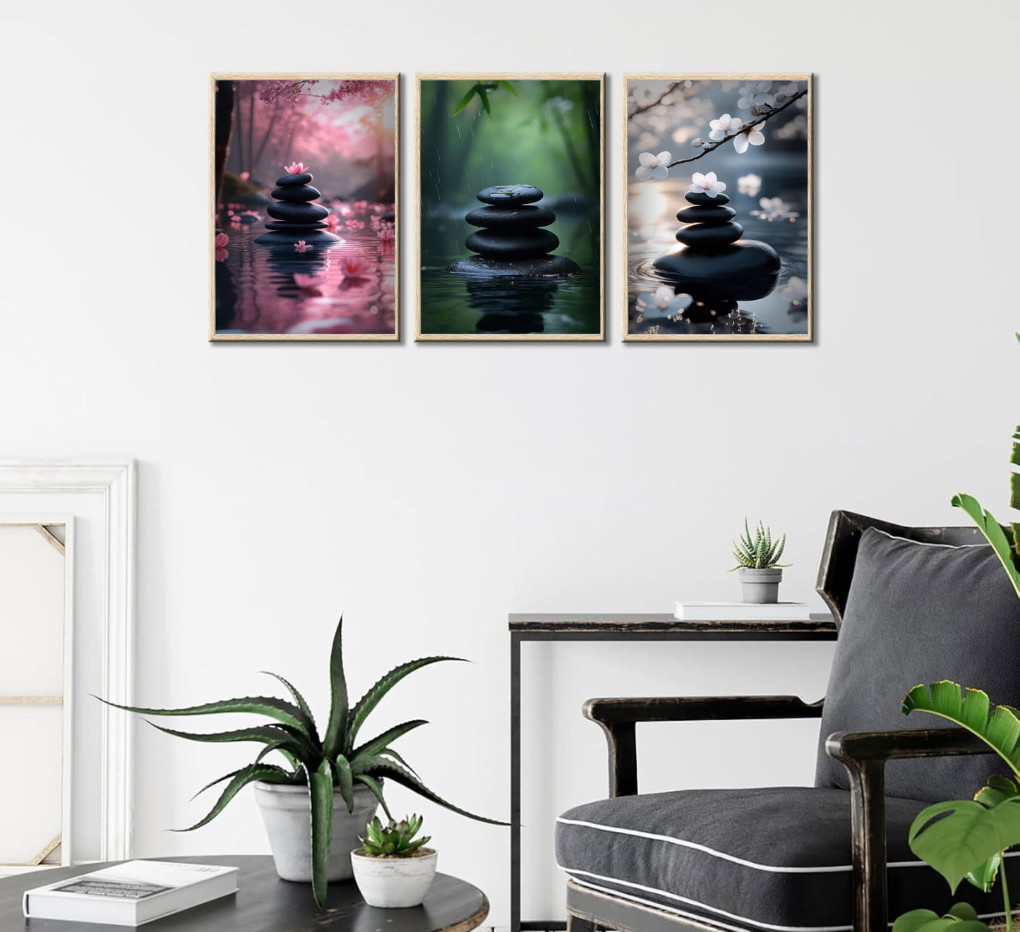 INADIKEIN 3pcs Zen Stone Wall Art Modern Zen Bathroom Wall Decor Meditation Spa Stone Poster Green Bamboo Lotus Printed Artwork for Yoga Meditation Spiritual Room Bathroom Unframed