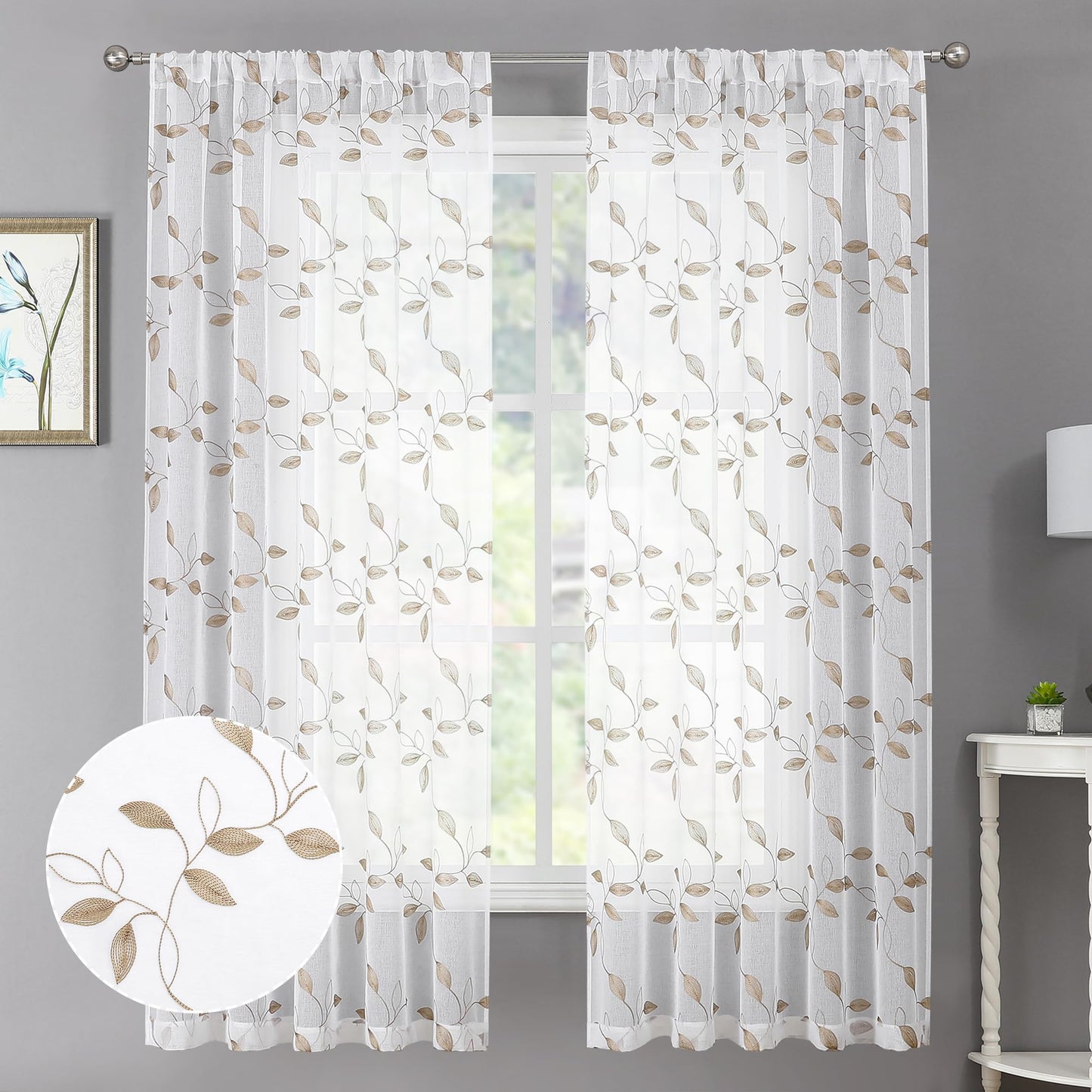 Tollpiz Taupe Leaf Sheer Curtain Leaves Embroidered Bedroom Curtains Rod Pocket Voile Window Treatments for Living Room, 38 x 63 inches Long, Set of 2 Panels