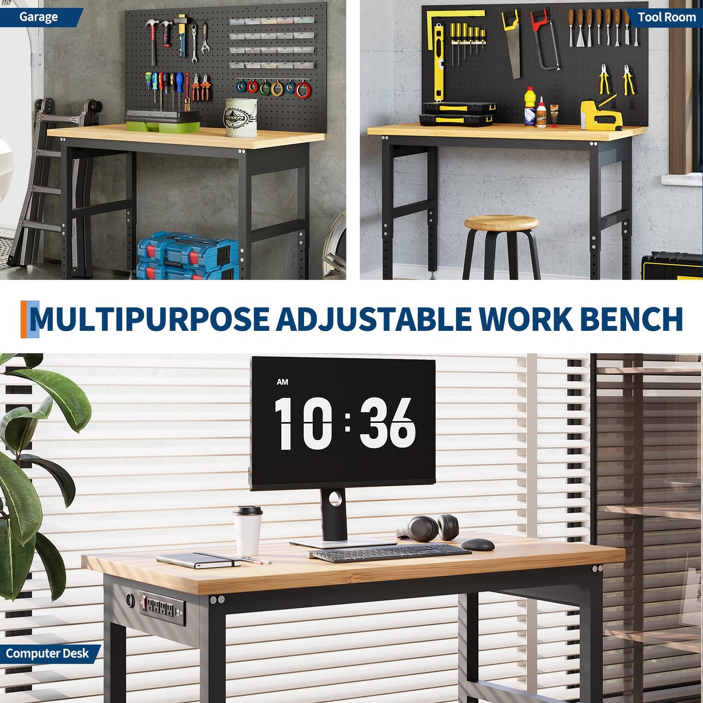GarveeTech 48" Adjustable Height Garage Workbench, GarveeTech Max. 2000 LBS Capacity Solid Wood Work Bench Table, Heavy Duty Work Station for Garage, Shop, Home, Office