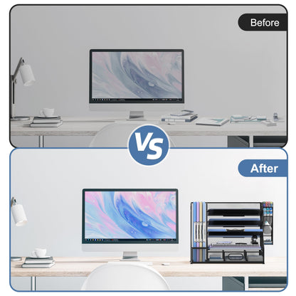 SUPEASY Desk Organizer with File Holder, 5-Tier Mesh Paper Letter Tray and 3 Tilted File Sorter for Office Supplies, Black