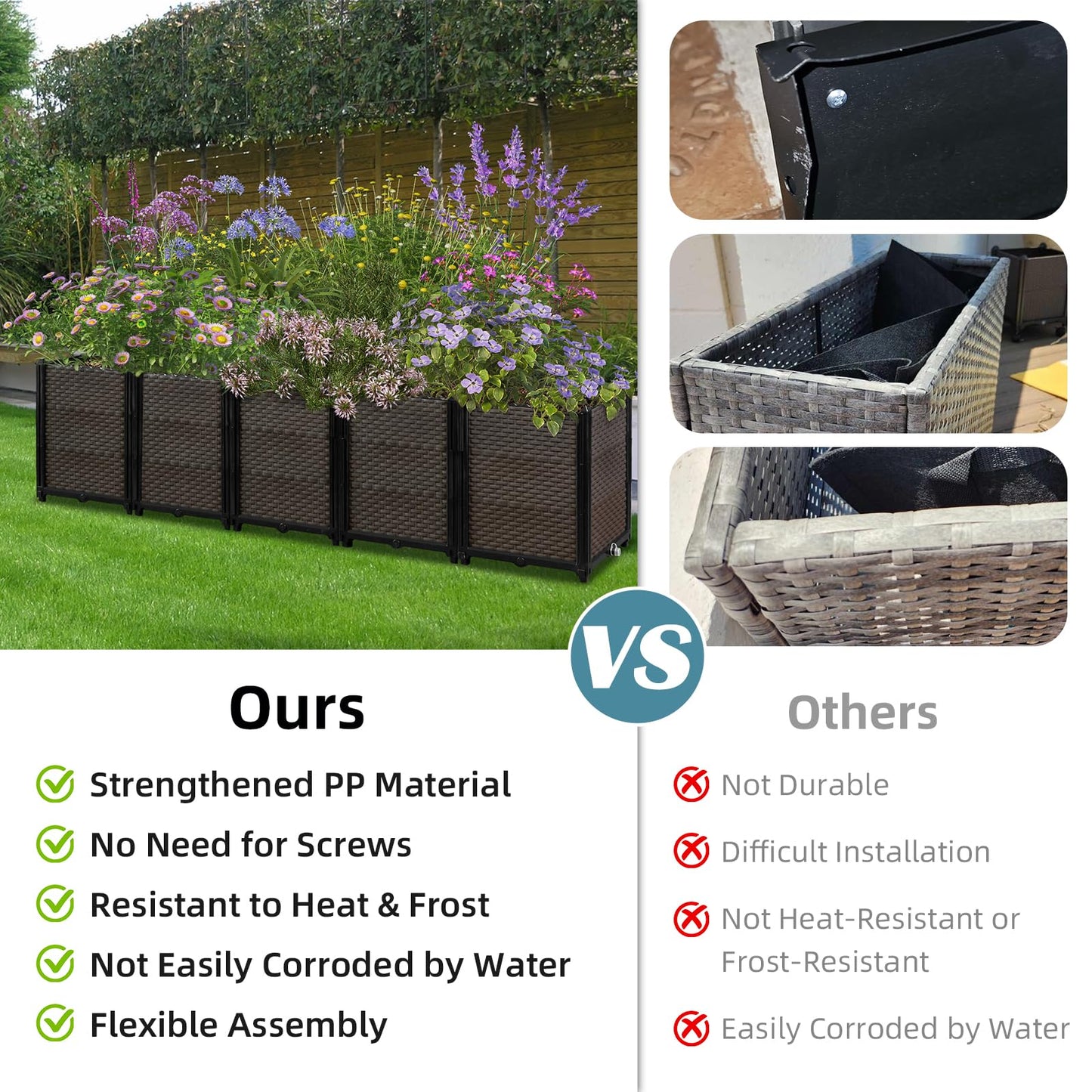 Large Raised Planter Box Outdoor Self Watering 62.9"x15.7"x14.2" , Deep Raised Garden Bed - Elevated Garden Box with Drainage Plug, Rectangular Garden Planter Perfect for Patio Balcony Deck