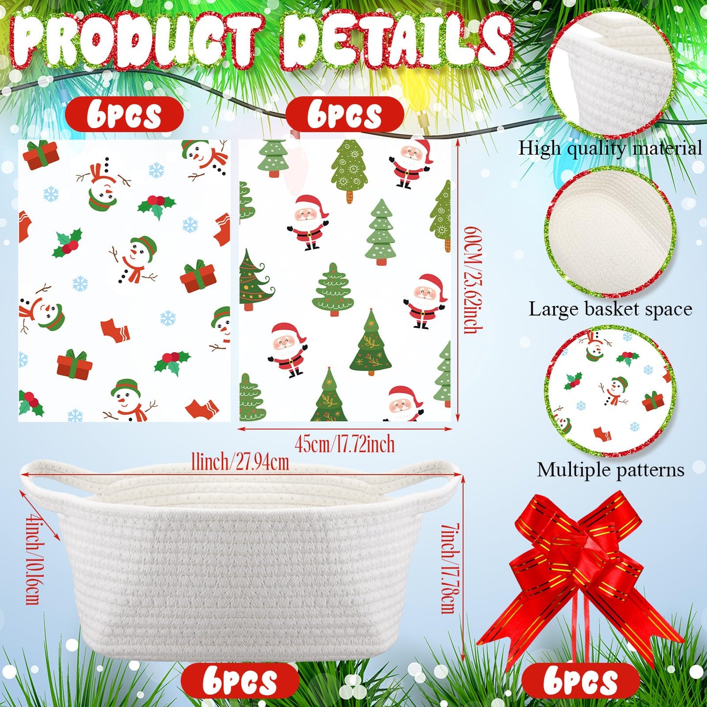 Teenyyou 18 Pcs Christmas Woven Baskets with Cellophane Gift Bags Bows 11 x 7 x 4 Inch Christmas Tree Empty Rope Basket Santa Claus Empty Decorative Storage Box for Gift Wrapping Xmas Party Decor