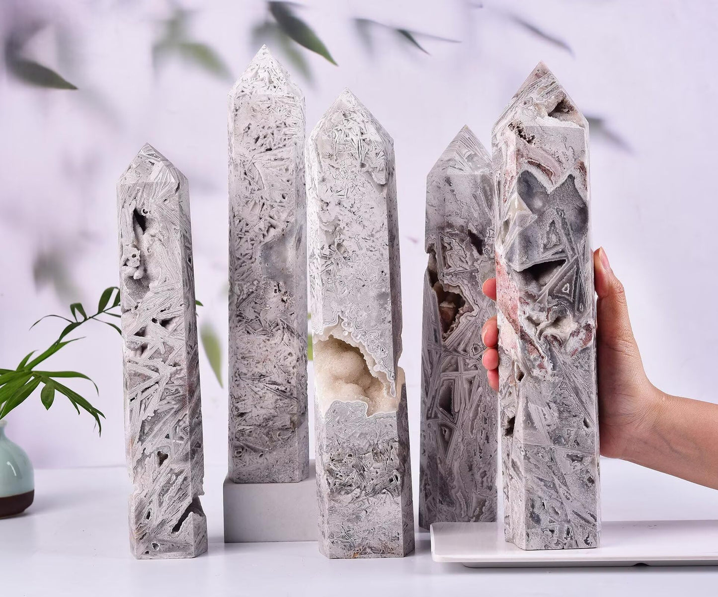 Large Mexican White Agate Stone Wand Healing Crystal Obelisk Tower 6 Faceted Column Reiki Chakra Meditation Therapy 2.2-2.6 LBS