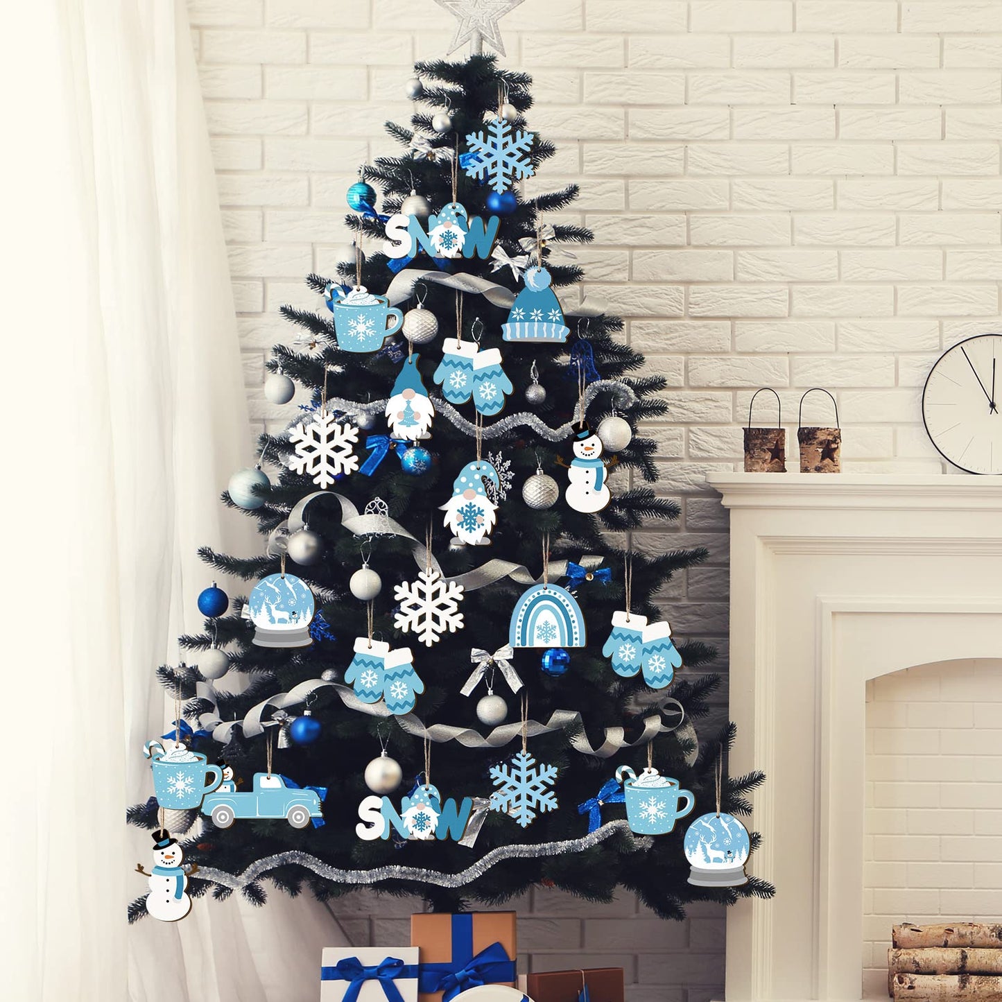 Chunful 36 Pieces Winter Frost Wood Ornaments Ice Bear Cedar Snowflake Glove Truck Hello Winter Ornaments Mini Welcome Christmas Tree Hanging Sign Decorations