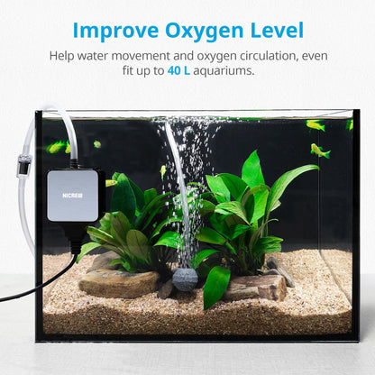 NICREW Air Pump Aquarium Ultra Quiet <33 dB, Nano Silent Mini Oxygen Pump up to 40 L, Accessories for Fish Tanks, 18 L/H, 1.5 W