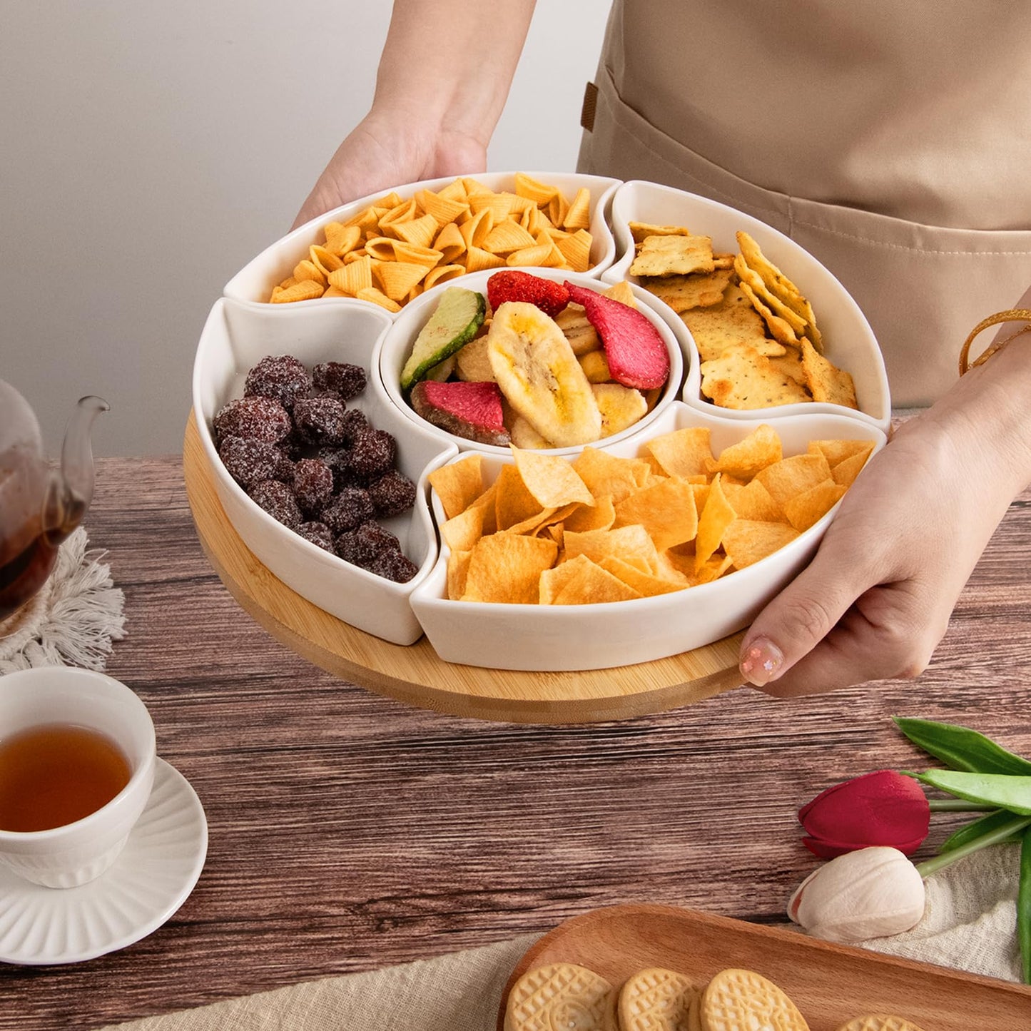 Serving Tray, Rotatable Serving Platters and Trays-11 Inch Divided Serving Dishes for Parties Kitchen Decor, Removable Serving Bowls for Chips and Dip, Condiment, Fruit, Veggies, Nut, Candy and Snacks