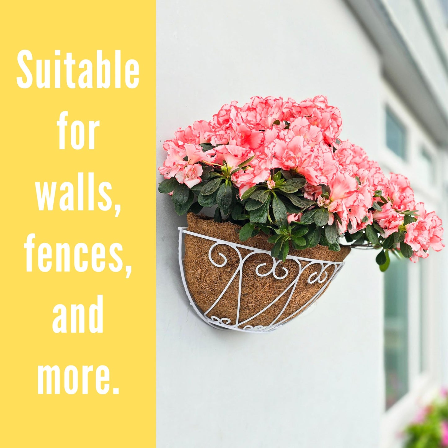 LaLaGreen Outdoor Wall Planters (2 Pack, 14 Inch) White Metal Wall Mounted Hanging Basket with Coco Liner, Semi-Circle Flower Pot Plant Holder for Fence Railing Deck Porch Balcony French Garden Decor