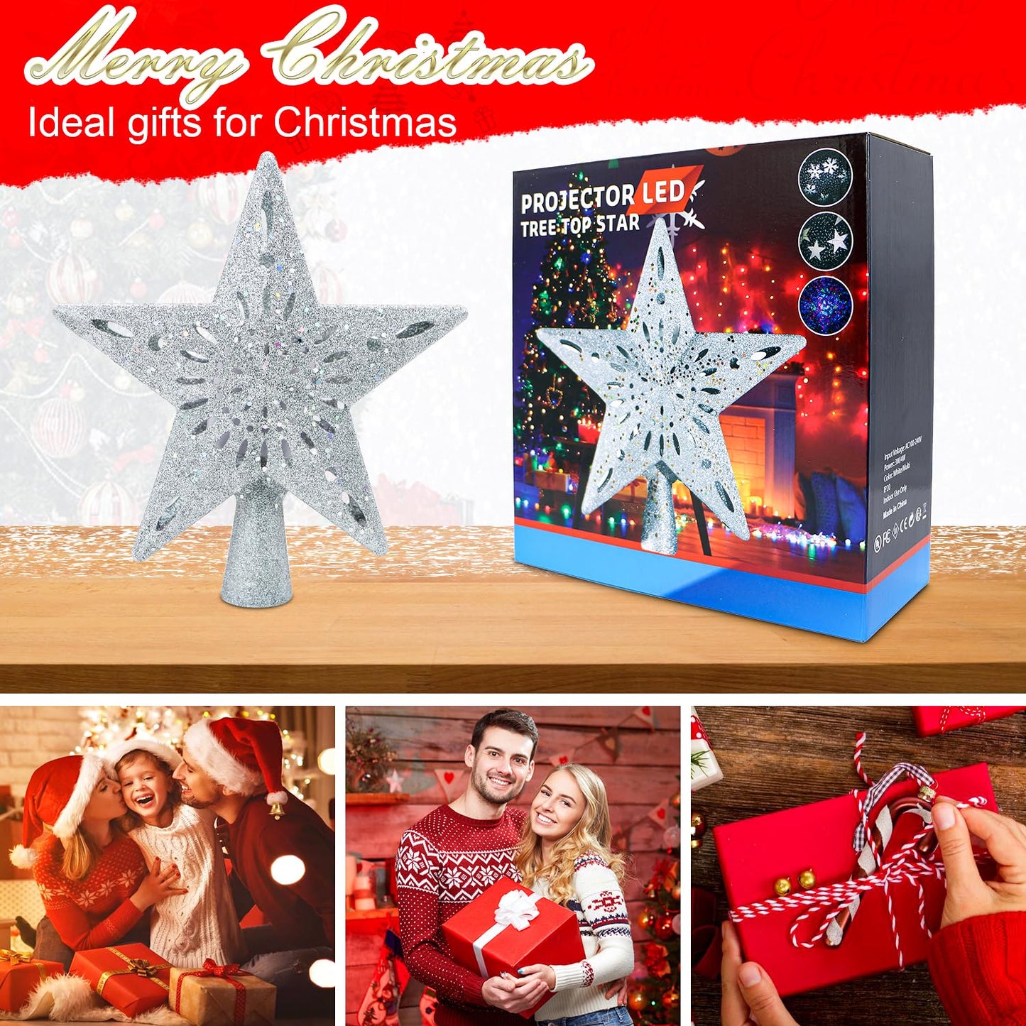 Christmas Tree Topper Projector Lights with 6 Projection Modes, Sliver Star Christmas Tree Topper with Built-in LED Projector, Dynamic Projection for Christmas Party Holiday Decoration