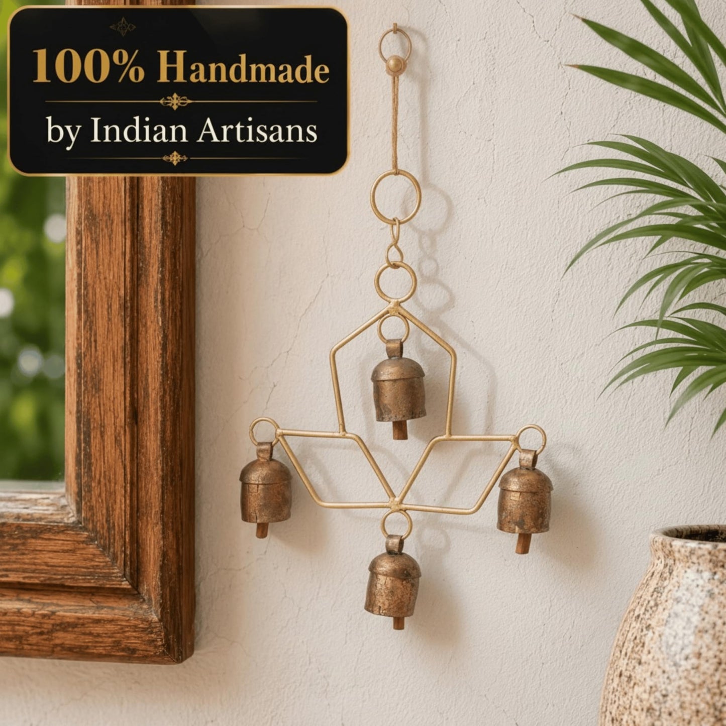 Handmade Wind Chime Bell – Rustic Hanging 4 Bell for Porch, Garden, Balcony, Christmas Decor – Farmhouse Jingle Bells, Witch Bells, Lucky Cow Bells, Boho Ornament Indoor Outdoor - 8 x 4 Inch
