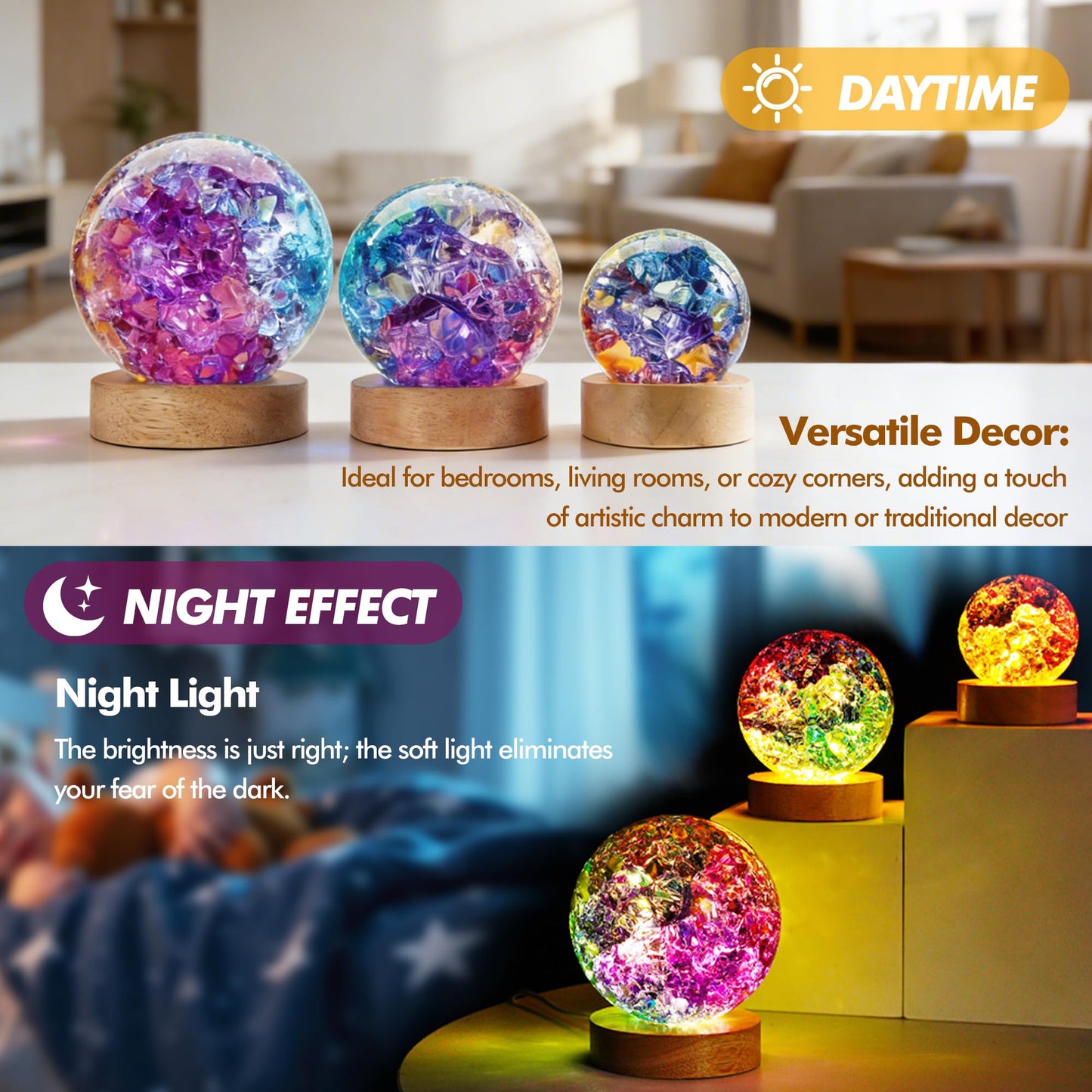 LOULIQIGIFT 60mm Colorful Ice Cracked Crystal Balls with Wooden Light Base and 7 Colors Ice Cracked Balls with LED Wooden Base 40mm Healing Sphere Balls Set
