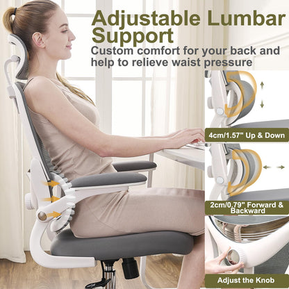 TONFARY Ergonomic Home Office Chair, High Back Mesh Desk Chair with Adjustable Lumbar Support, Flip-up Armrest, Removable Headrest, Swivel Computer Gaming Chair, Space Saving, 330LBS (White+Grey)
