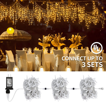 oopswow 33FT 300 LED Icicle Lights Outdoor Waterproof Icicle Christmas Lights with 50 Drops Warm White String Lights for Wedding Party Holiday Christmas Indoor Decorations,Warm White