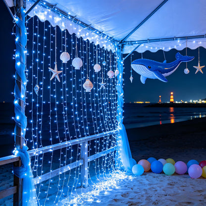 300 LED Blue Birthday Party Decorations String Lights with 12 Modes Timer Dimmable, Waterproof Green Wire Christmas Tree Lights, 75FT Fairy Lights for Bedroom, Outside, Ocean Party, Xmas Decor