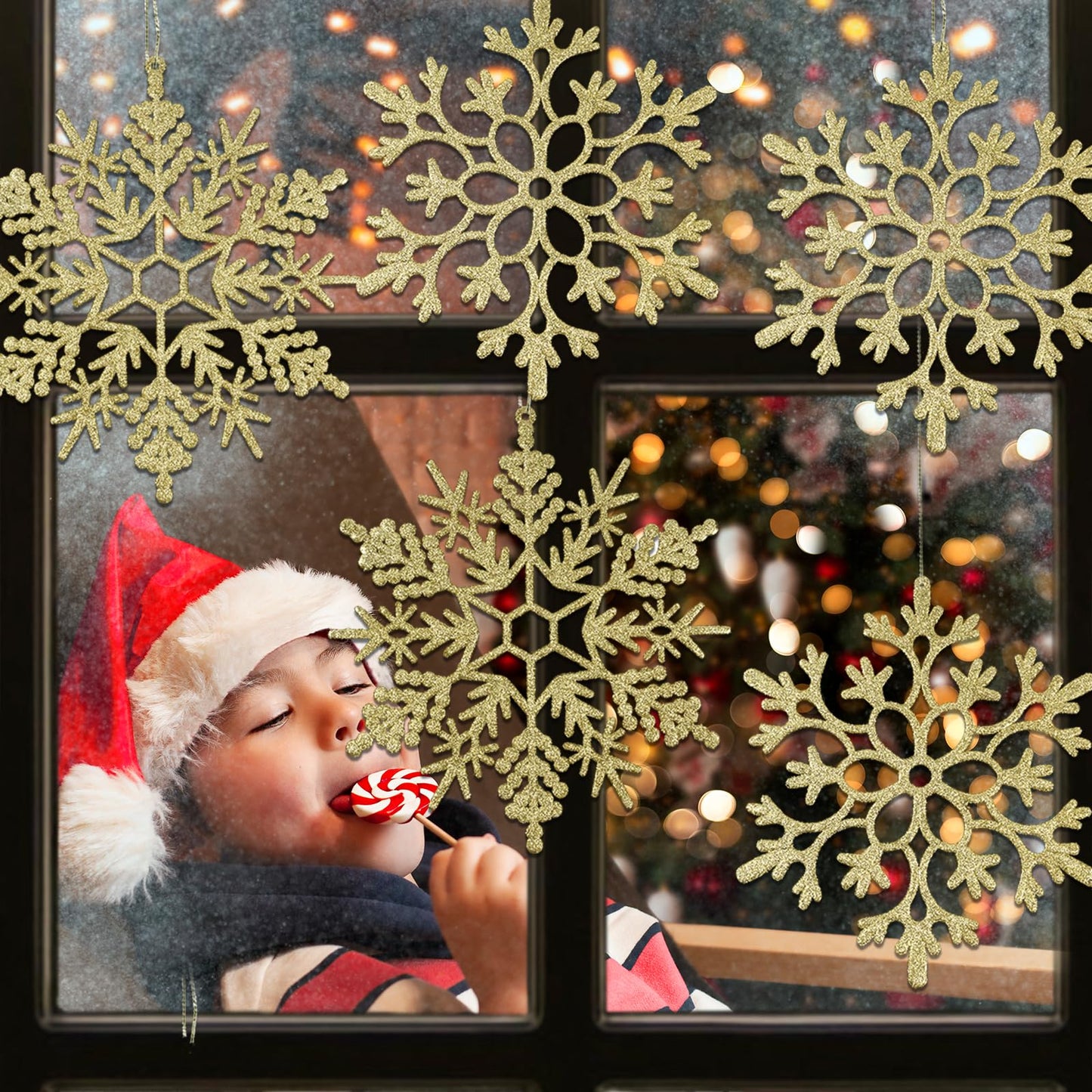 6pcs Large Gold Snowflakes Ornaments 12" Big Plastic Glitter Snowflake for Winter Indoor Outdoor Christmas Tree Window Room Decorations Giant Craft Snowflakes