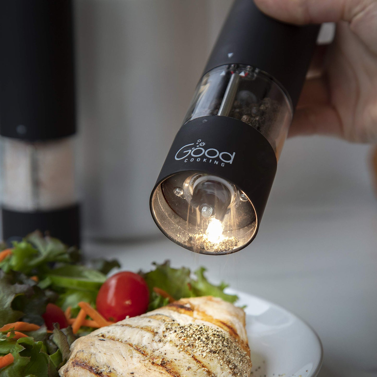 Electric Pepper Grinder and Salt Mill- Battery Operated One-Handed Spice Dispenser w LED Light & Adjustable Coarseness- Premium Kitchen Upgrade w Strong Ceramic Blades -Matte Black, Batteries Included