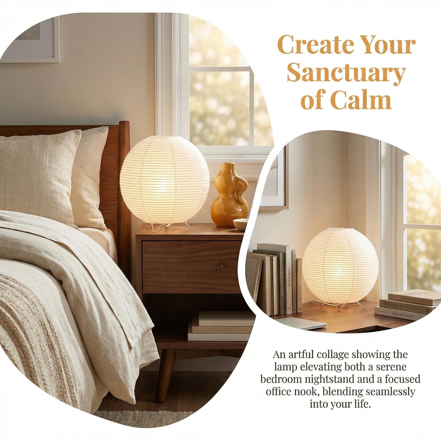 Totority Modern Paper Table Lamp, Japanese Lantern Style Bedside Night Light for Bedroom & Living Room, Minimalist Rice Paper Desk Lamp with Warm White E14 Bulb, Decorative Zen Home Lighting,US Plug
