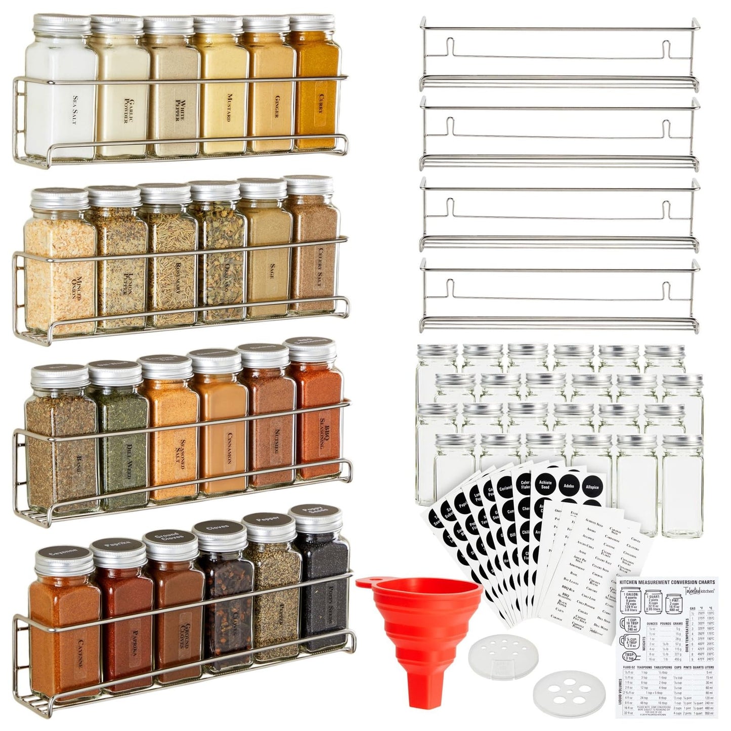 Talented Kitchen Spice Rack Organizer - 4 Stainless Steel Wall-Mounted Racks - 24 4 oz Glass Jars & 269 Preprinted Labels, Chrome - Kitchen & Cabinet Seasoning Organizer for Space Saving Spice Storage