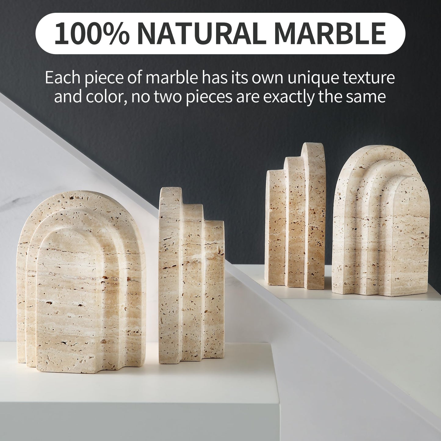 Natural Travertine Book Ends for Shelves Heavy 7.4 Lbs Non Slip Base