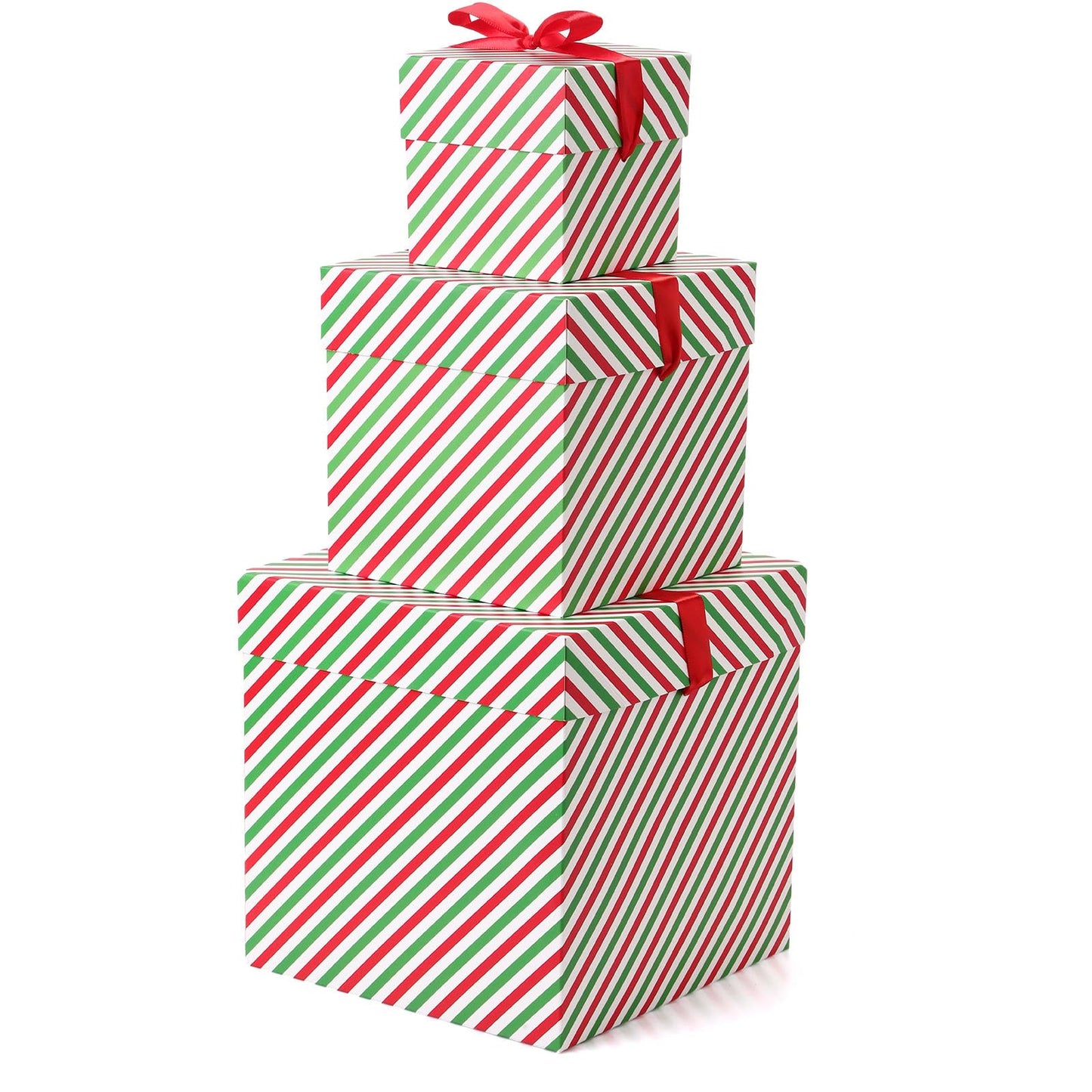 TecUnite 3 Pcs Christmas Nesting Gift Boxes Candy Cane Striped Christmas Stackable Boxes Decorative with Lids for Present Wrapping Xmas New Year Holiday Party Decor(Green Red Stripe)
