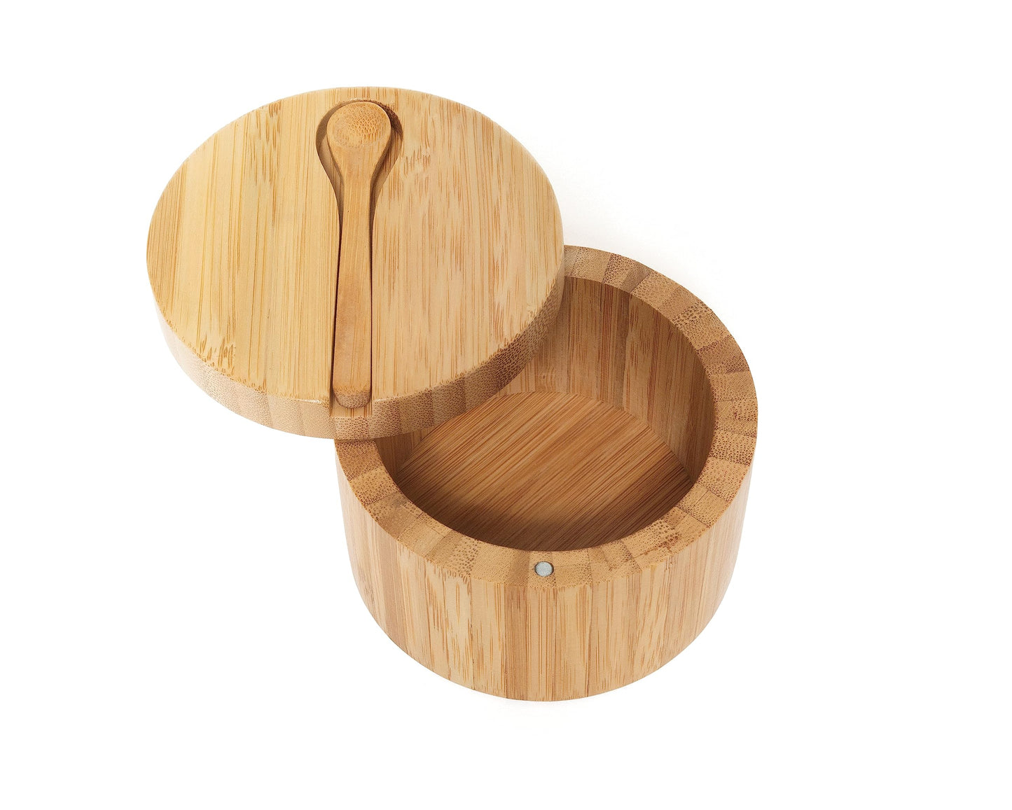 Lipper International Bamboo Wood Salt and Spice Box with Spoon and Swivel Cover, 4" Diameter x 2.75" Tall