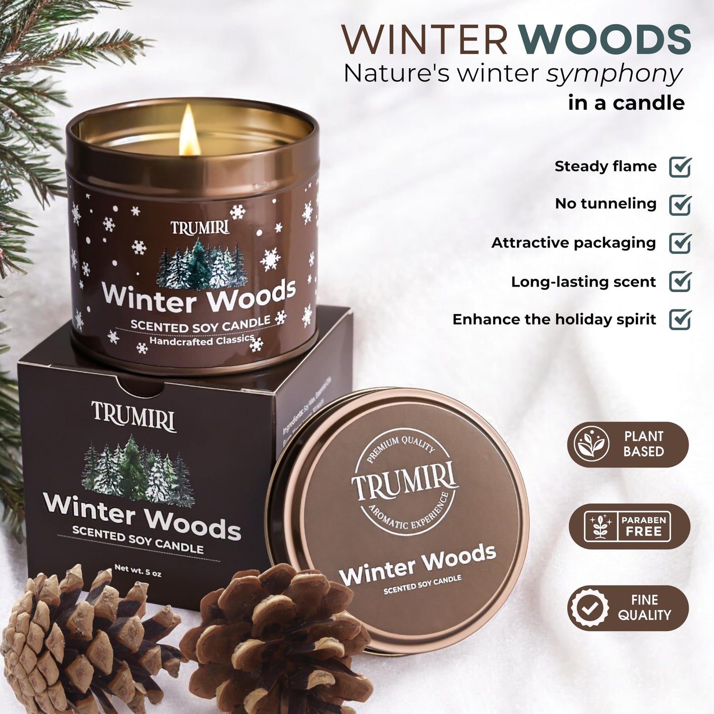 Winter Woods - Soy Candles for Home Scented - for Fall Christmas Holidays - 5oz Natural Clean Non Toxic - Long Lasting Highly Scented Pet Safe Luxury Tin - Velas Aromáticas Para el Hogar - Pine Candel