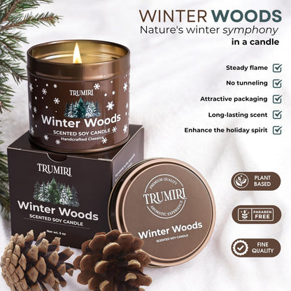 Winter Woods - Soy Candles for Home Scented - for Fall Christmas Holidays - 5oz Natural Clean Non Toxic - Long Lasting Highly Scented Pet Safe Luxury Tin - Velas Aromáticas Para el Hogar - Pine Candel