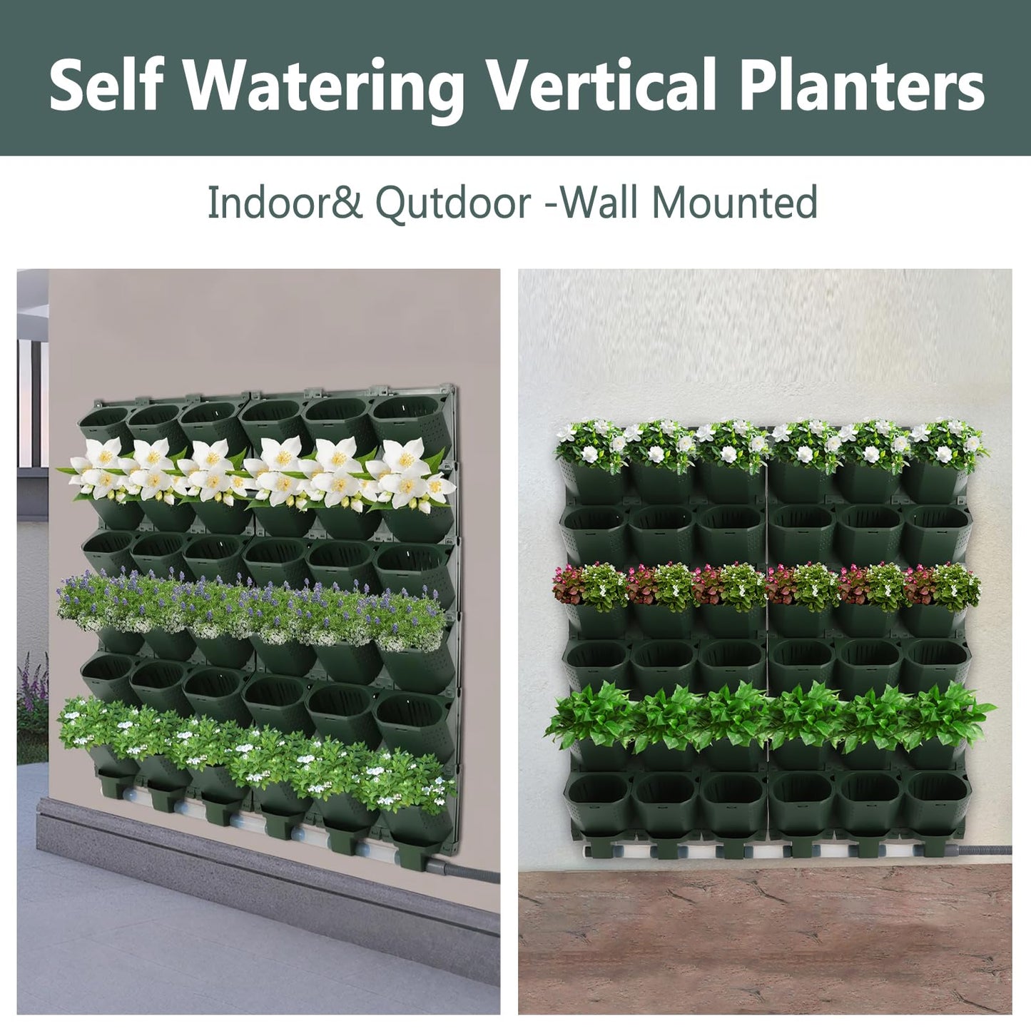 ZeStarDair Self-Watering Wall-Mounted Planter Vertical Wall Planter with 36 Pots Wall Mounted Plastic Plant Grow Pots Vertical Living Green WallGarden Growing System for Home (Dark Green)