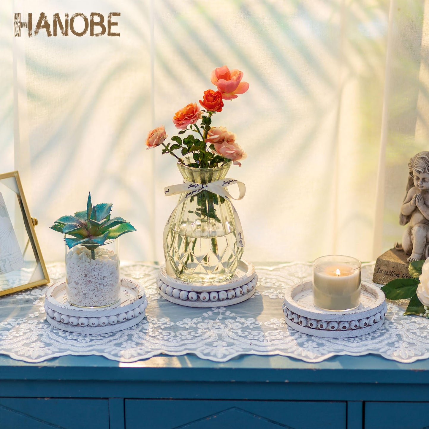 Hanobe Candle Holder for Pillar Candles: Set of 3 Rustic Farmhouse Wooden Candlestick Holders - Whitewashed Candle Stand for Table Centerpieces Fireplace Mantel Home Decor