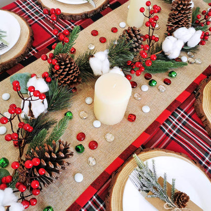 Artificial Christmas Pine Garland with Berries Pinecones Spruce Eucalyptus Leaves Cotton Balls Winter Greenery Garland for Holiday Season Mantel Fireplace Table Runner Centerpiece Décor 6 feet