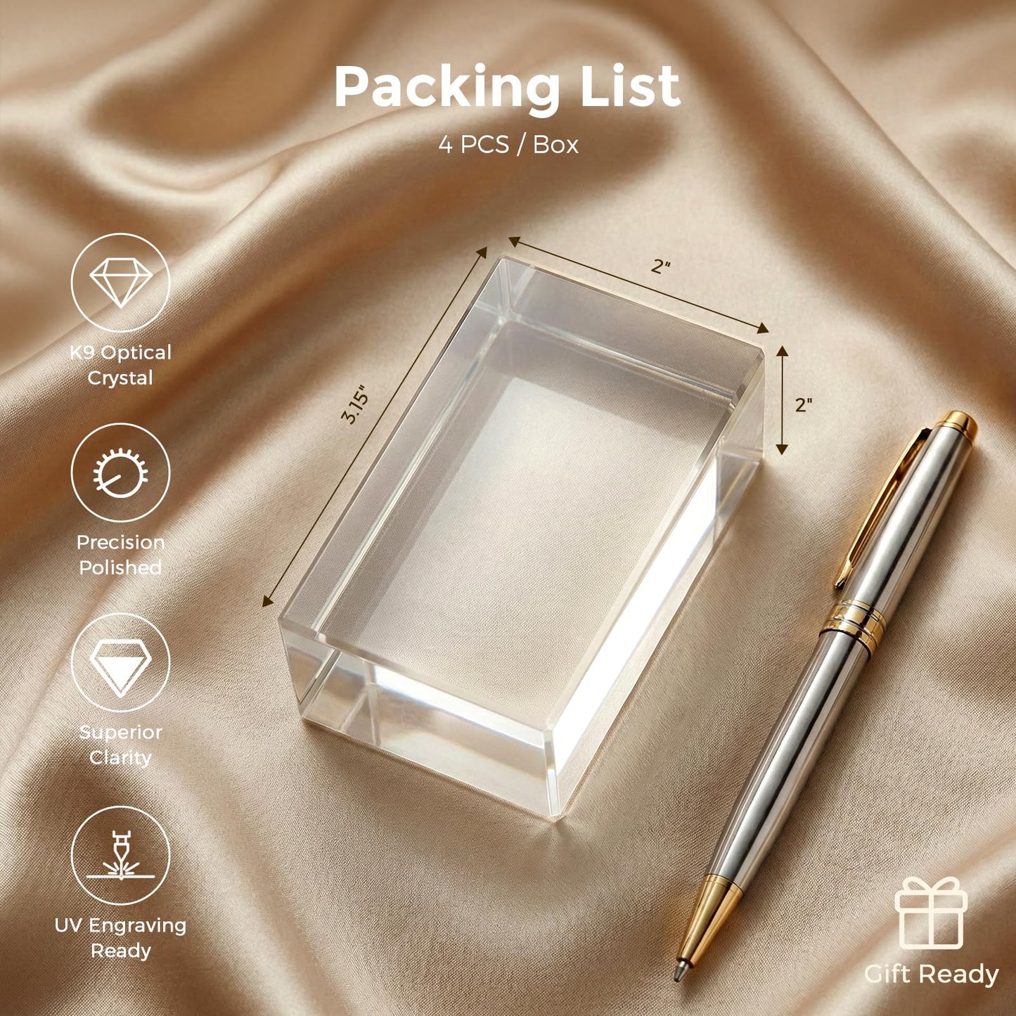 Cloudray Cube Crystal Blank Blocks for 2D & 3D Lazer Engraving Machines, Glass Blocks Set of 4, Crystal Stand, Clear Crystal Ornaments for 3D Crystal Photo & Custom Gifts, 4 Packs