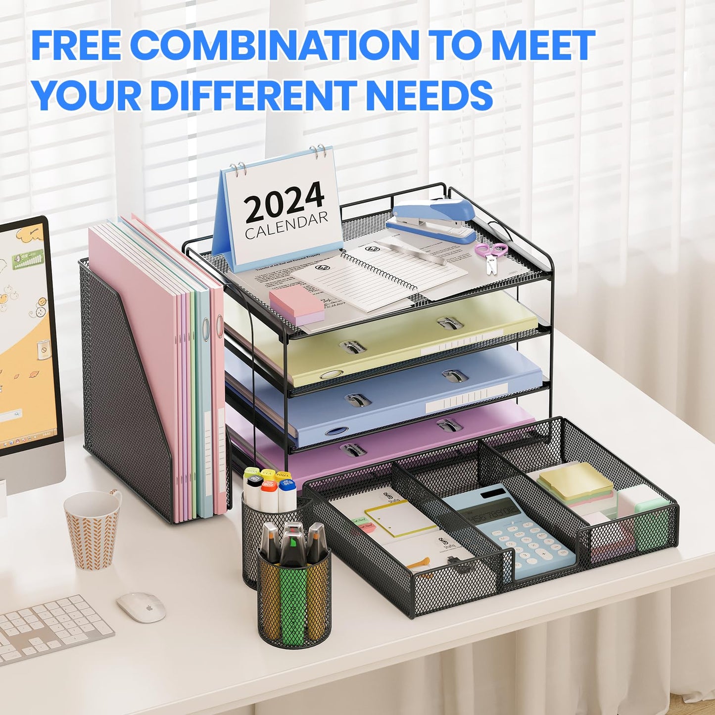 OPNICE Desk Organizer and Accessories, 4-Tier Desktop File Organizer with Drawer and 2 Pen Holders, Office Desk Accessories for Office Supplies(Black)