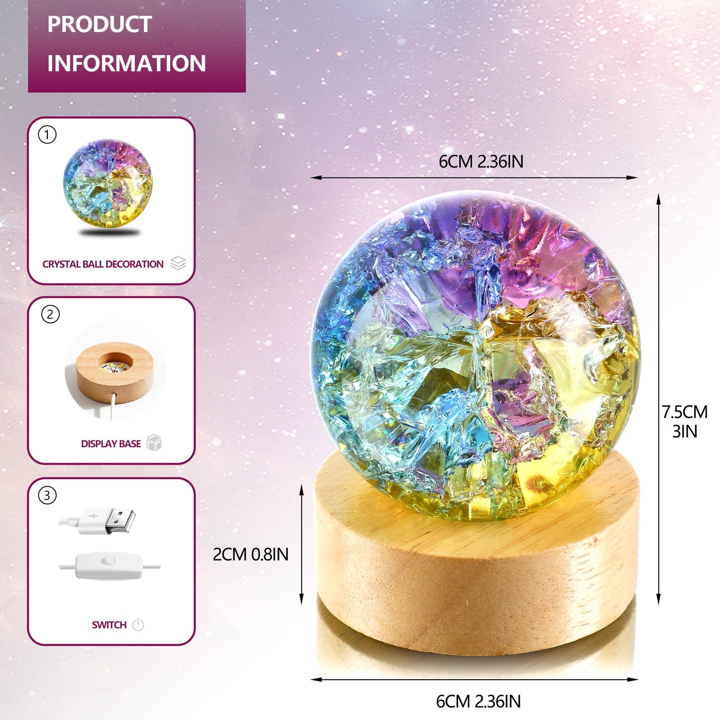 LOULIQIGIFT 60mm Colorful Ice Cracked Crystal Balls with Wooden Light Base and 7 Colors Ice Cracked Balls with LED Wooden Base 40mm Healing Sphere Balls Set