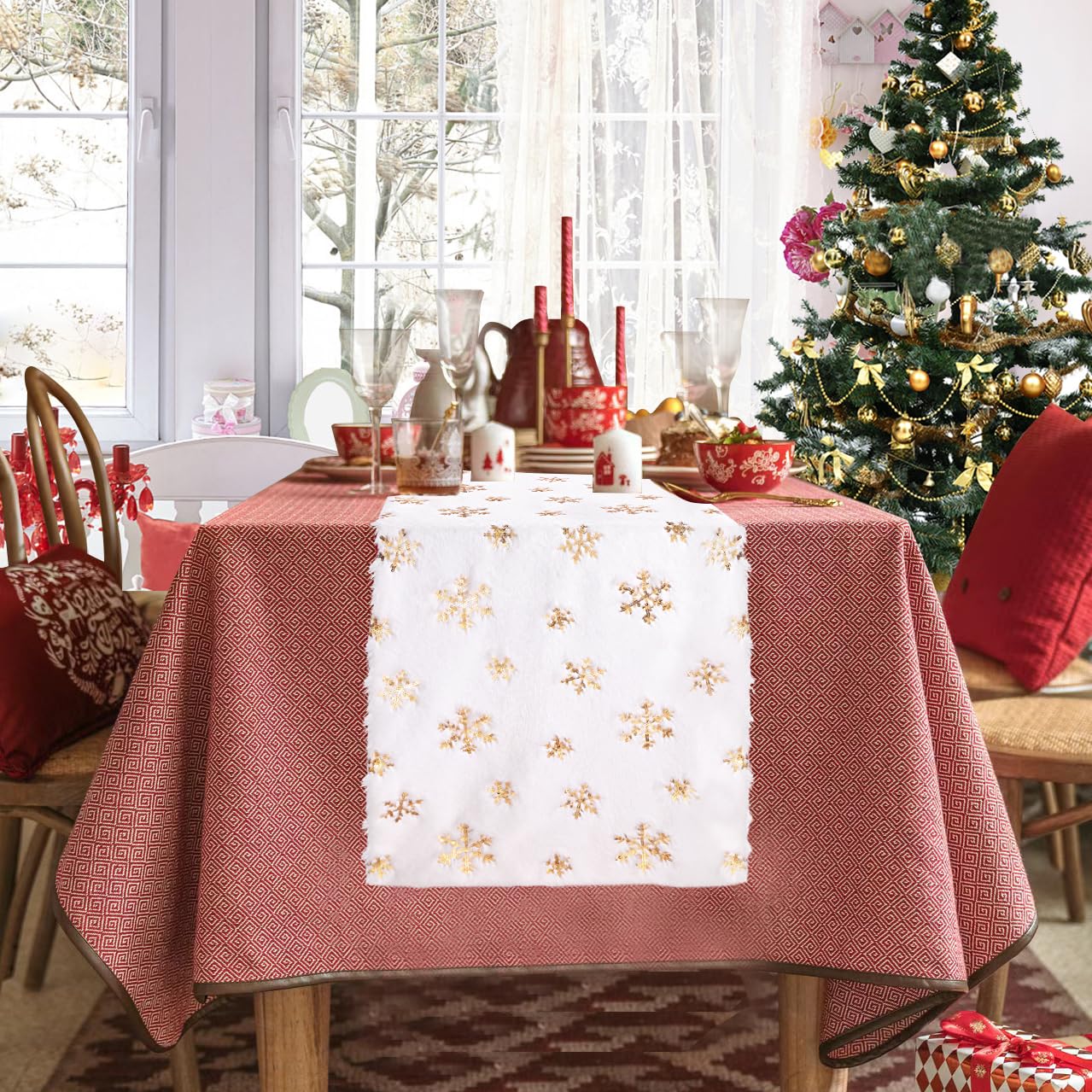 Faux Fur Christmas Table Runners 72 inches Long, Gold Sequin Snowflake Table Runner Xmas Table Runner for White Super Soft Thick Luxury Christmas Table Decoration, 13x72 inch